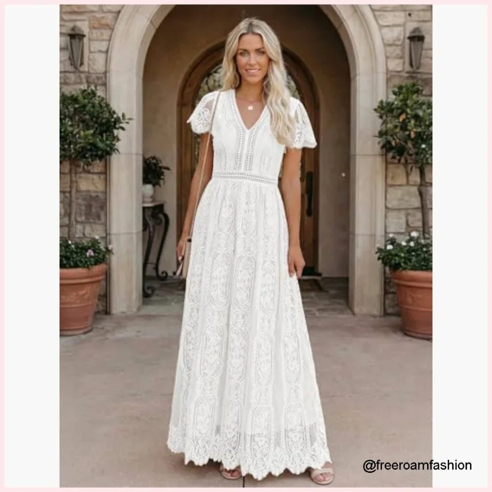 Floral Lace Maxi Dress V-Neck Short Sleeve A-Line Formal Wedding Party - Picture 2 of 7